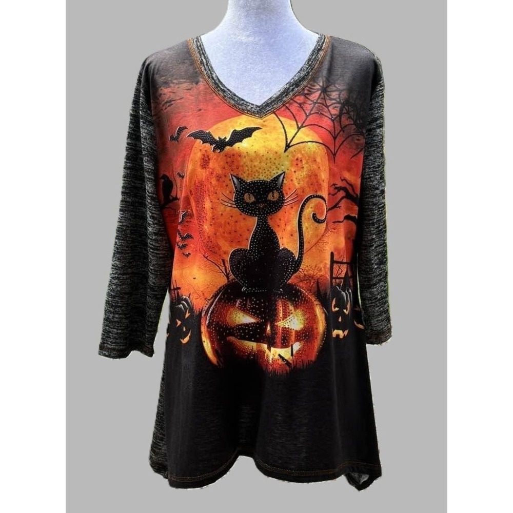 Onque Casual Halloween Black Cat Pumpkin Rhinestone Top Size L Grey Orange Black